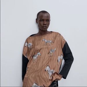 Zara Zebra Print Satin Blouse Brown Black Long Sleeve Top Size Small
